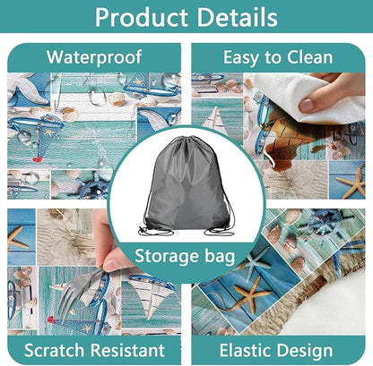 Picnic Table Cover with Bench Covers, Outdoor Camping Patio BBQ RV Essentials, Waterproof Windproof Camping Tablecloth with Drawstring Bag, Fitted Rectangle Tables and Seats, 72in, Nautical