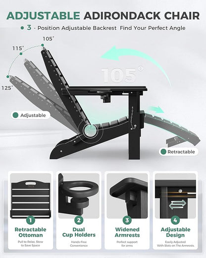 Adjustable Adirondack Chairs Set of 4 with Retractable Ottoman, HDPE Folding Adirondack Chair with Cup Holders, Weather Resistant for Backyard, Poolside & Fire Pit (Black)