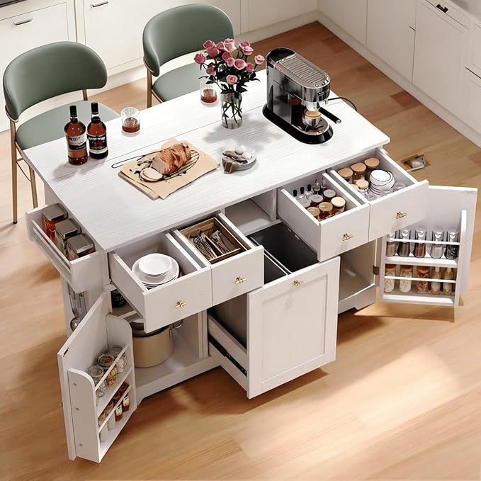 YITAHOME 59" Rolling Kitchen Island with Drop Leaf & Power Outlet, Double Pull-Out Kitchen Trash Can, Fits 10-Gal Waste Bin, Portable Islands on Wheels with Door Storage & Spice Rack, White
