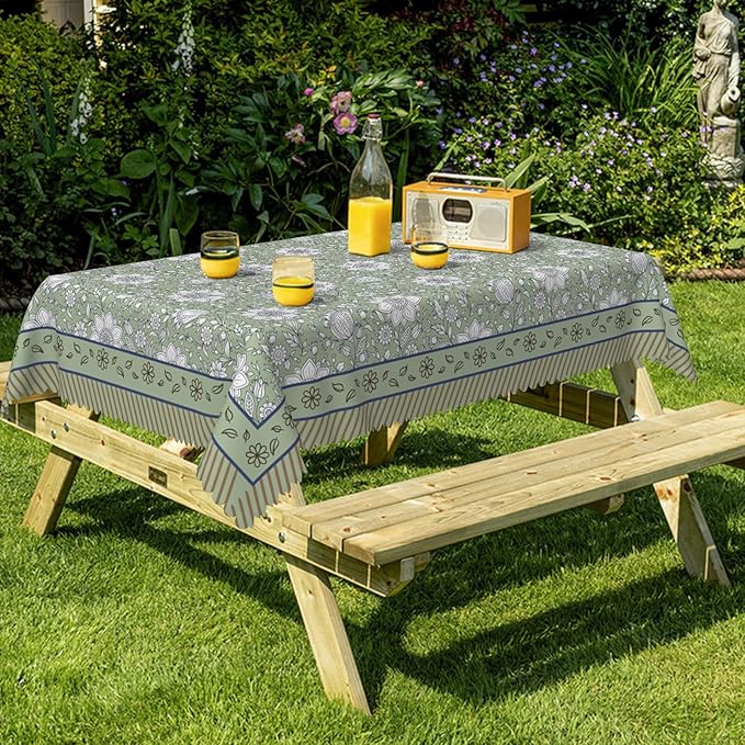 French Rectangular Tablecloth 55"x70" - Green Floral Waterproof Table Cloth for Dining, Kitchen, Outdoor and Picnic Party Decor
