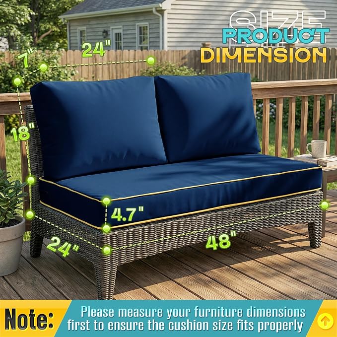 Outdoor Sofa Cushion Set - Plush Patio Seat and Back Pillows, Thick Comfort Foam for Porch, Deck, Garden Furniture Cushion Replacement (Blue)