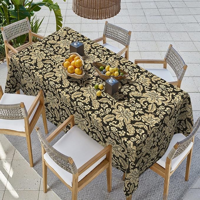 Outdoor Rectangle Tablecloth, 60×84 Inch Water Repellent Picnic Table Cover with Umbrella Hole Zipper for Patio Family Meal, Jacobean Black