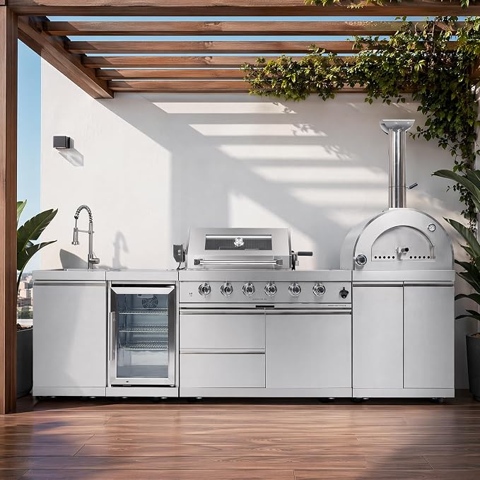 112-Inch 304 Stainless Steel Outdoor Kitchen Island Grill with Pizza Oven, Wine Cooler, Rotisserie, Granite Countertops & Storage Cabinets – 108000 BTU Total Heat Output, Silver