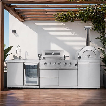 112-Inch 304 Stainless Steel Outdoor Kitchen Island Grill with Pizza Oven, Wine Cooler, Rotisserie, Granite Countertops & Storage Cabinets – 108000 BTU Total Heat Output, Silver