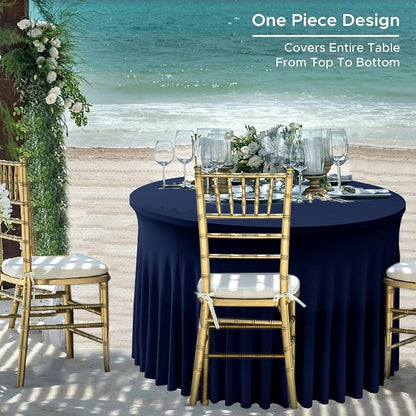 Fitted Navy Spandex Table Skirts for Wedding Party,60 Inch Round,6 Pack | Spandex Table Covers, For 5 Ft Wedding Cake Tables, Wrinkle Resistant, Ruffle Design Banquets, Baby Showers, Parties
