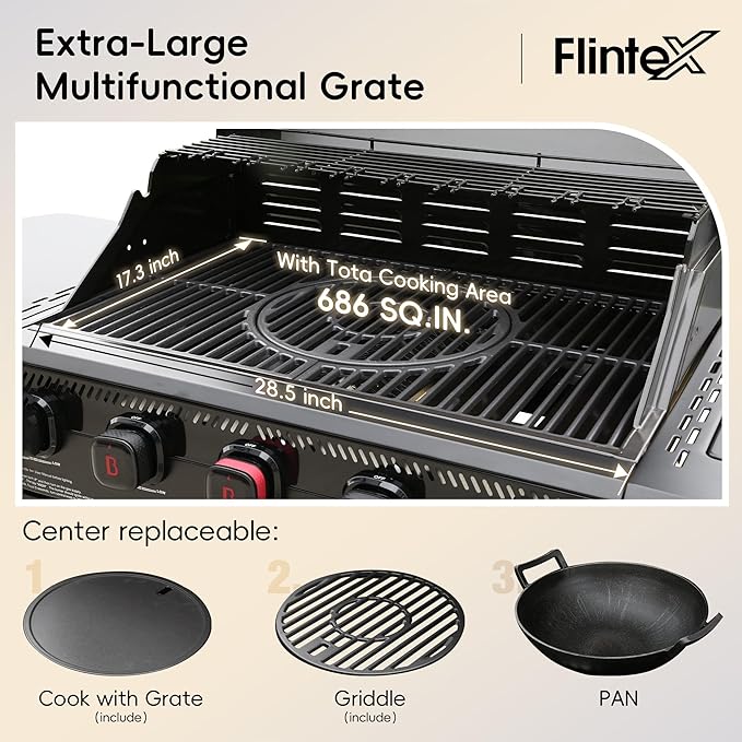Flintex 5-Burner Propane/Natural Convertible Gas Grill with Infrared Searing Side Burner, Outdoor BBQ Grill with 60000 BTU Output,Enameled Cast Iron Grates & Griddle for Barbecue