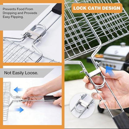 Grill Basket for Veggies, Fish Grill Basket, Folding Portable Stainless Steel BBQ Grilling Baskets for Outdoor Grill (Stainless Steel)