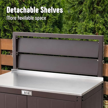 Feasto Outdoor Potting Bench Table with Storage Cabinet, Stainless Steel Garden Workstation, Raised-Edge Top, Adjustable Shelf & Removable Hutch for Patio, Balcony & Outdoor Workspace, Brown