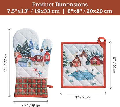 Maison d' Hermine 100% Cotton Oven Mitt & Pot Holder Set (7.5"x13" & 8"x8") | Heat Resistant BBQ Cooking Gloves with Loop Baking Grilling Kitchen Hotel Home Farmhouse Thanksgiving Christmas - Megeve