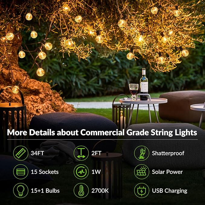 34FT G40 Solar String Lights, Globe Outdoor String Lights with 15 E12 Waterproof LED Bulbs, 2700K Shatterproof Patio Lights, Solar Powered Hanging Lights