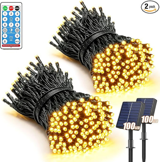 2 Pack 100LED Solar Christmas String Lights Outdoor Waterproof | Total 66FT Twinkle Lights with 8 Lighting Modes Remote for Outside Christmas Trees Decorations, Warm White