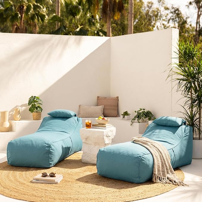 Christopher Knight Home Morton Outdoor Bean Bag Chair Set of 2, Fabric Bean Bag Chair for Adults and Kids, Indoor/Outdoor Sun Lounger with Headrest, Patio Chaise Lounge Chair Set of 2, Teal