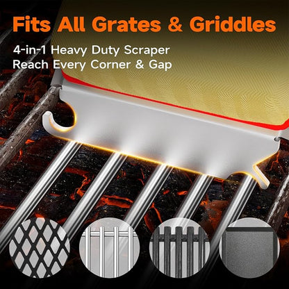 Bristle-Free Grill Brush with Heat-Resistant Kevlar Fiber Head, Red | Steam Cleaning, Replaceable No-Wire Head, 17" Handle, 4-in-1 Scraper, for Porcelain/Ceramic/Stainless Steel/Cast Iron Grate