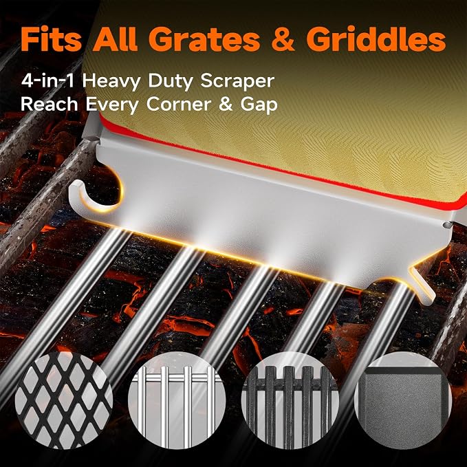 Bristle-Free Grill Brush Head, Heat-Resistant Kevlar Fiber Head, Red Head | Steam Cleaning, Replaceable No-Wire Head, 17" Handle, 4-in-1 Scraper, for Porcelain/Ceramic/Stainless Steel/Cast Iron Grate