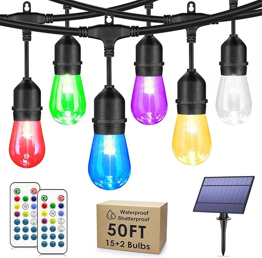 Larkvue 50FT RGB Solar Outdoor String Lights with Remote, Dimmable Waterproof Patio Lights with 15 LED Shatterproof Edison Bulbs for Backyard-Black