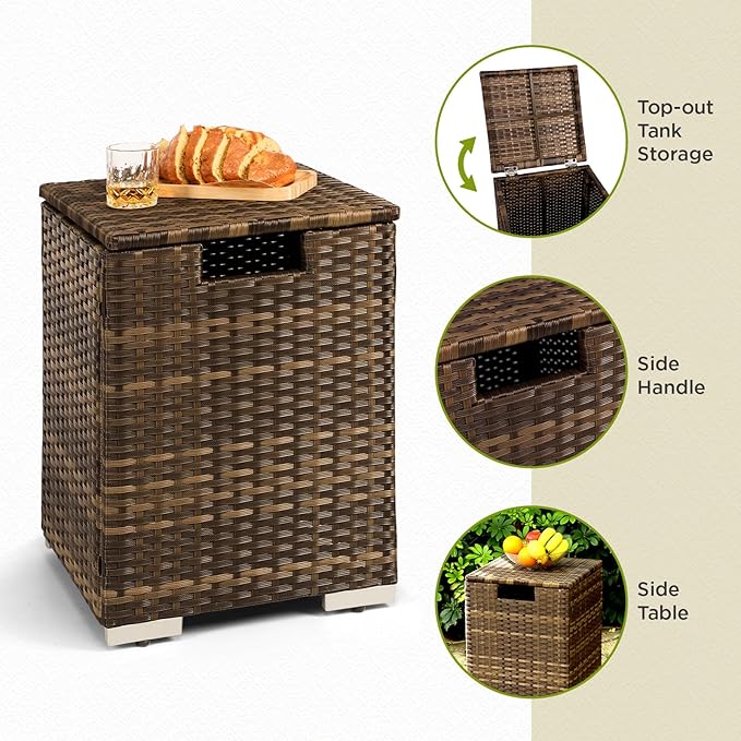 2-Piece Outdoor Propane Fire Pit Table w/Tank Holder, 32inch Handmade Rattan Wicker Firepit Ceramic Tabletop with Steel Lid 40,000 BTU Rectangle Fire Table Set for Patio, Deck, Backyard (Brown)