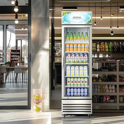 BODEGACOOLER Commercial Merchandiser Refrigerator, 12.5 Cu.Ft Glass Door Display Cooler, Upright Beverage Refrigerator with Soft LED Light, Adjustable Shelves, 4 Heavy-Duty Stainless Steel Casters