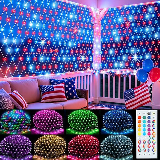 Pooqla Color Changing Net Lights, 34 Colors 4th of July Outdoor Mesh Lights with Remote, 14.8x4.9 ft 240 LED RGB Net Light Connectable Plug in Waterproof for Bush Christmas Patriotic Decoration