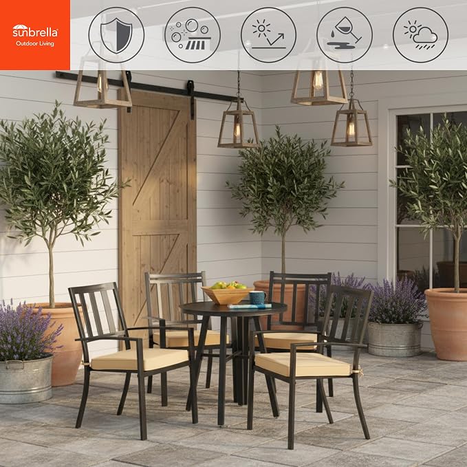 Indoor/Outdoor Chair Pads in Sunbrella Fabric – 17''x17'' Patio Seat Cushions with Foam Insert, Removable Reversible Cover & Ties for Patio Dining Chairs – Set of 2 or 4, Canvas Wheat