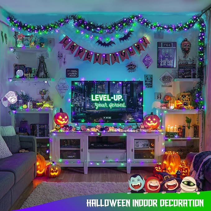JMEXSUSS 66ft 200 LED Purple and Green Halloween Lights Plug in | Connectable ,8 Modes, Waterproof, Halloween String Lights for Tree Yard Outdoor Indoor Bedroom Garden Patio Decor