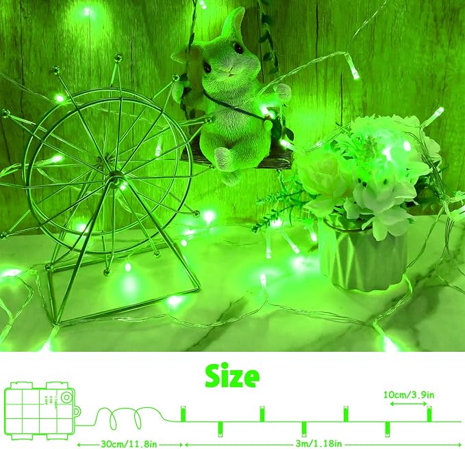 cshare String Lights Outdoor Waterproof 9.8ft 30 LED, Green Battery Operated Halloween Lights with Timer Clear Wire for Indoor & Outdoor Christmas Halloween St.Patric Decorations Garland Party Garden