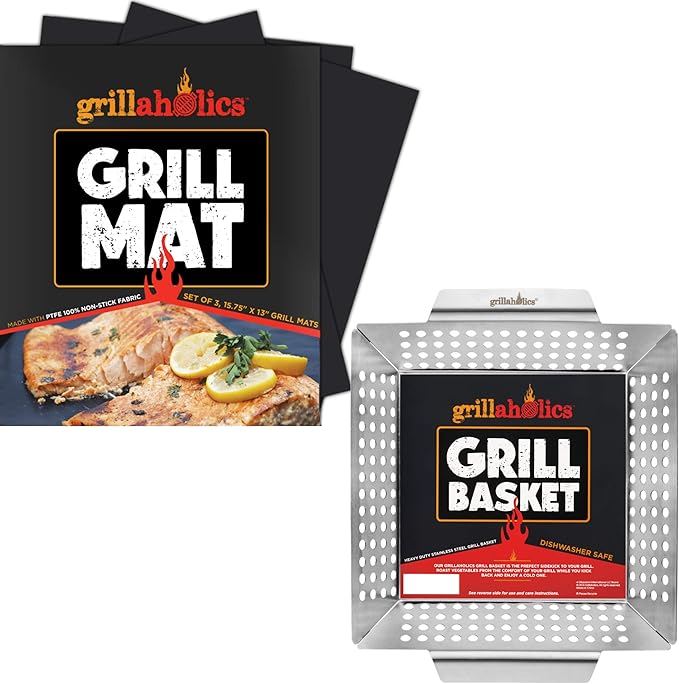 Grillaholics Non Stick Grill Mat (Set of 2) Vegetable Grilling Basket Bundle