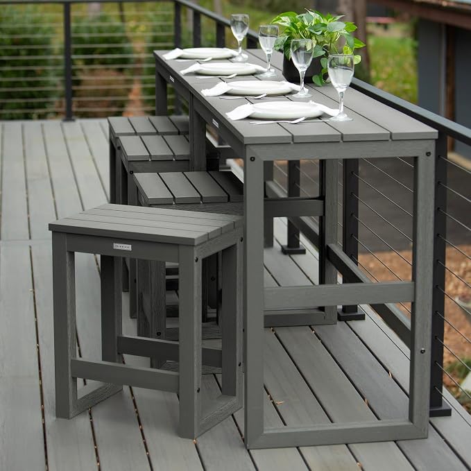 highwood Monroe 6-Piece Counter Height Modern Balcony Set, 2 Tables and 4 Stools, Coastal Teak