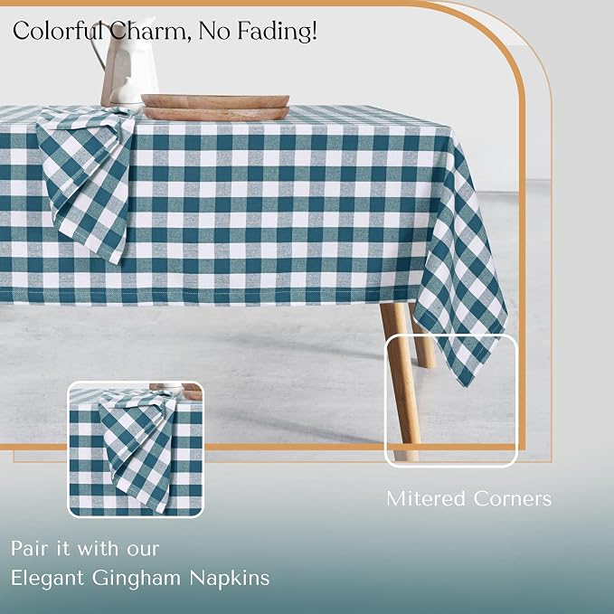 Gingham Tablecloth, 60x84 Inch, 100% Cotton, Classic Check Table Cover, Durable & Washable for Farmhouse Kitchen, Picnics, Dining Table, Everyday Use, Teal Green and White