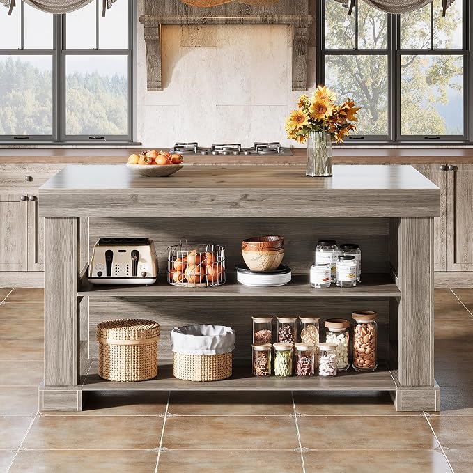 Tribesigns 55" Kitchen Island with Seating and Storage, 3-Tier, Farmhouse | Wood Stationary Island Table with Large Worktop & Legroom, Heavy Duty, Coffee Bar Table with Storage Shelf for Kitchen, Grey