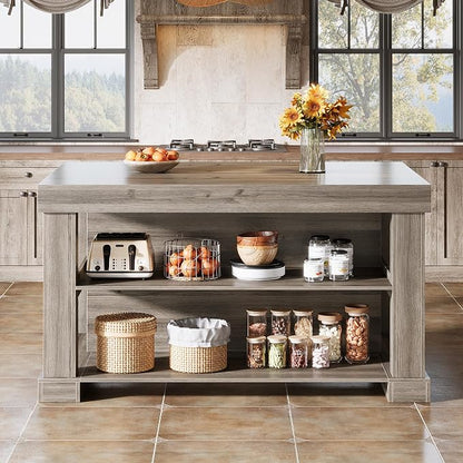 Tribesigns 55" Kitchen Island with Seating and Storage, 3-Tier, Farmhouse | Wood Stationary Island Table with Large Worktop & Legroom, Heavy Duty, Coffee Bar Table with Storage Shelf for Kitchen, Grey