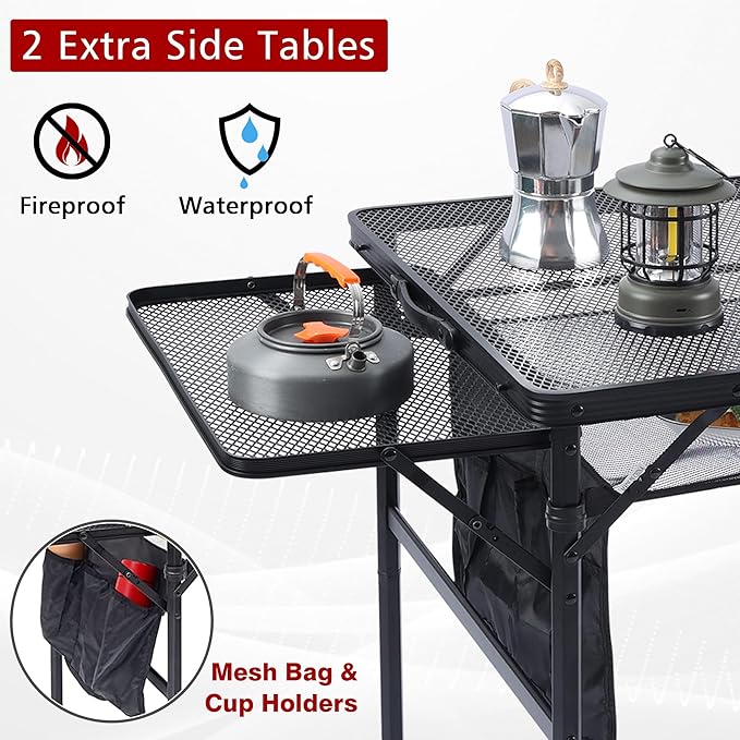 JOUYEK Folding Grill Table,3x2 FT Portable Camping Table with 2 Wing Panels | Height Adjustable Metal Tables with Mesh Desktop and Mesh Bag, Outdoor Furniture for Camping, Picnic, Beach and BBQ, Black