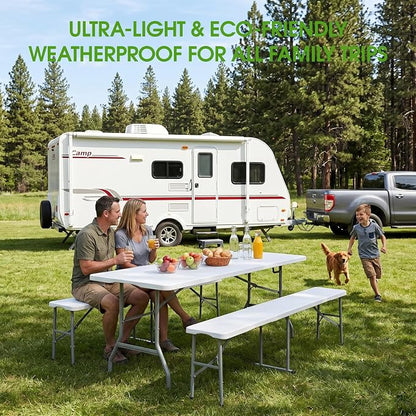 Folding Table Picnic Table Set with 2 Benches, 6 ft Camping Table Chair Set | Foldable Furniture with Handle and Safety Locks, Heavy Duty HDPE, Outdoor Indoor Use, Party, Camping, Picnic, Weddings, White