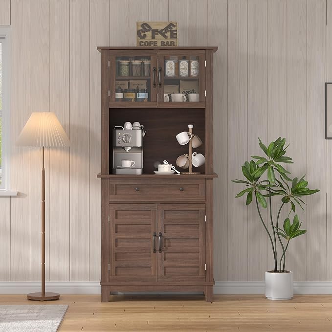 Garvee 72" Tall Kitchen Pantry Cabinet with Hutch and Microwave Stand | Freestanding Food Pantry Hutch with Adjustable Shelves, Glass Doors And Drawers for Dining Room, Living Room, Brown