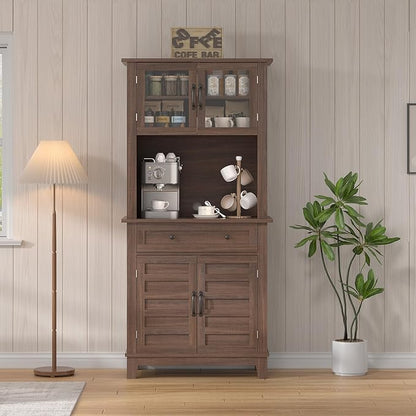 Garvee 72" Tall Kitchen Pantry Cabinet with Hutch and Microwave Stand | Freestanding Food Pantry Hutch with Adjustable Shelves, Glass Doors And Drawers for Dining Room, Living Room, Brown