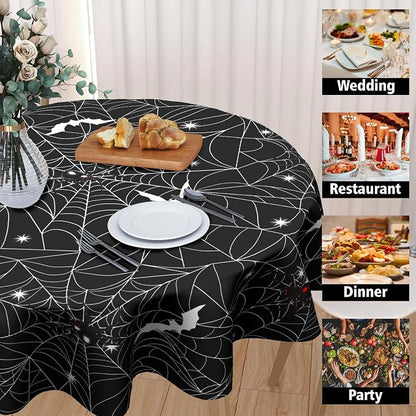 Sweetshow Halloween Spider Web Table Cloth Round Black and White Bat Tablecloth 60 Inch Decor Washable Stain and Wrinkle Resistant Round Table Cover for Dining Picnic