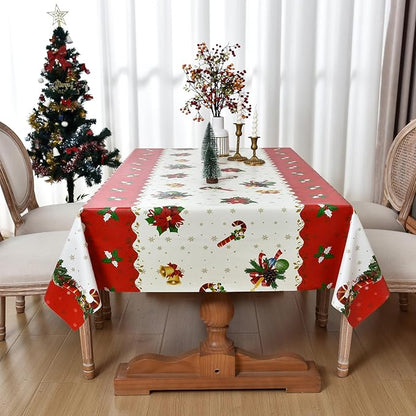 Christmas Tablecloth Heavy Duty Vinyl Red 54x72 inch Square Christmas Table Cloth Reusable Waterproof Foldable Plastic Tablecloths PVC Xmas Table Cover for New Year Party Decor