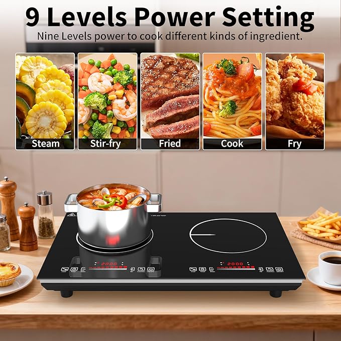 VBGK 2 burner Induction cooktop,110V 4000W induction hot plate with touch Control,9 Power Levels, Kids Lock & Timer,LED touch control 2 burner induction cooker