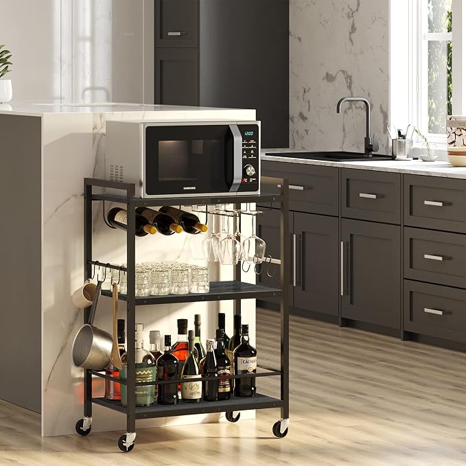 TUTOTAK Bar Cart with Wheels, Drink Cart with Wine Rack and Glass Holder | 3-Tier 23.7 Inch Wide Home Bar Serving Carts, Small Mobile Kitchen Shelf with 6 Hooks, Black BC01BK030