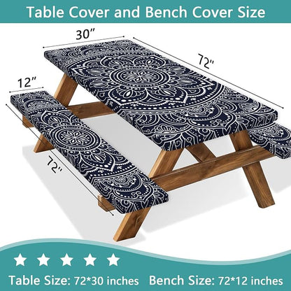 Picnic Table Cover with Bench Covers 6FT 3PCS, Camping Essentials, Rectangle Fitted Camping Tablecloth Waterproof with Elastic Edge for Indoor Outdoor Patio, 60in, Black and White