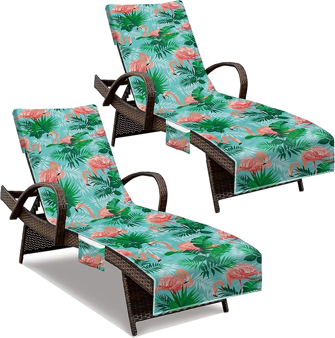 Beach Chair Cover (1Pc), Lounge Chair Covers with Side Pockets 85 x 30，Thick and Quick Dry Lounge Chair Towel Cover for Sun Lounger, Pool Beach Garden Outdoor Tanning Chair Cover,Flamingo Theme