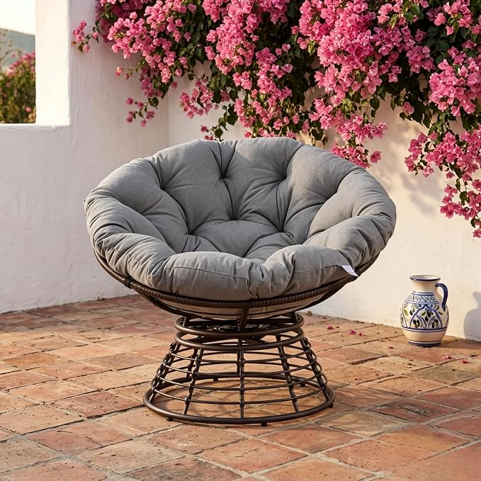 Cushion Papasan Swivel Chair, Ergonomic Wicker Round Chair with Thick Padding, Oversized Swivel Wicker Accent Chairs for Living Room, Bedroom, Reading Room, Balcony, Brown Frame, Gray