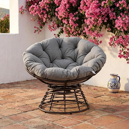 Cushion Papasan Swivel Chair, Ergonomic Wicker Round Chair with Thick Padding, Oversized Swivel Wicker Accent Chairs for Living Room, Bedroom, Reading Room, Balcony, Brown Frame, Gray