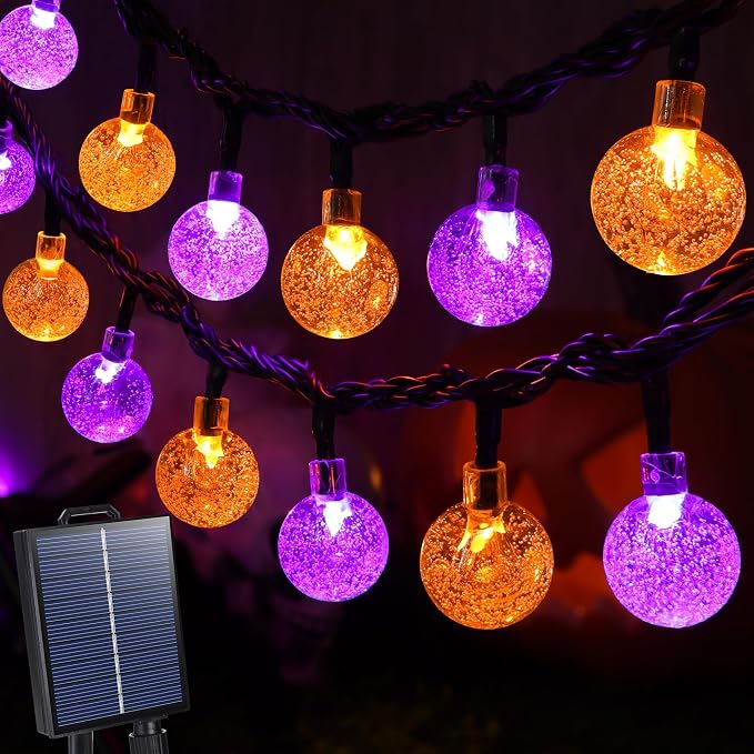 Joomer Orange Purple Halloween Solar String Light,65FT 100LED Globe Lights | with 8 Lighting Modes, Waterproof Auto On/Off Solar Powered Lights for Garden Yard Outdoor Halloween Decor