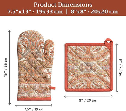Maison d' Hermine 100% Cotton Oven Mitt & Pot Holder Set (7.5"x13" & 8"x8") Heat Resistant BBQ Cooking Gloves with Loop for Thanksgiving Christmas Decorations Handling Hot Pans (Kashmir Paisley)