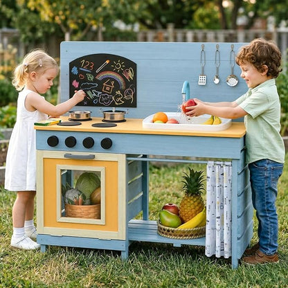 INFANS Mud Kitchen, Wood Pretend Play Kitchen with Running Water Removable Sand Sink Cover Cloth Faucet Chalkboard Stoves Toddle