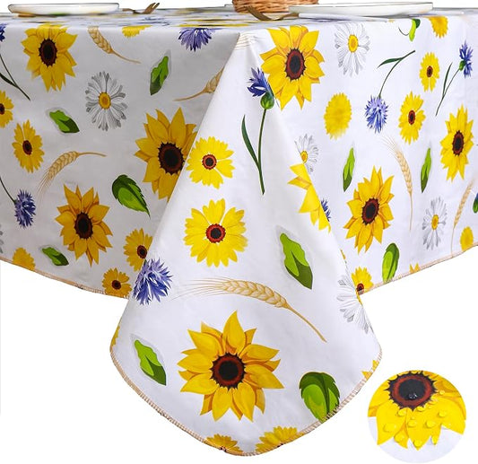 Heavy Duty Vinyl Tablecloth with Flannel Backing Waterproof Oil-Proof Plastic Table Cloth Stain-Resistant Wipeable Rectangle or Square Table Cover for Indoor and Outdoor (Yellow Flower, 54x54 Inch)