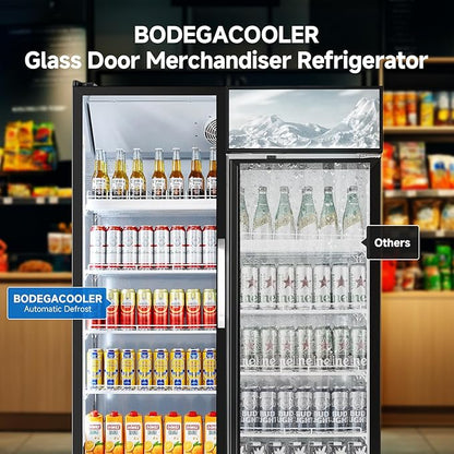 BODEGACOOLER Commercial Merchandiser Refrigerator, 36.8 Cu.Ft Double Glass Door Beverage Cooler, Upright Display Refrigerator with Soft LED Light, Adjustable Shelves, 4 Heavy-Duty Casters, Black