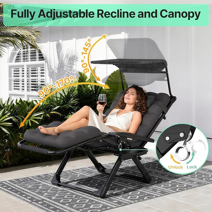 Suteck Zero Gravity Chair with Canopy, Reclining Camping Lounge Chairs | with Removable Cushion, Upgraded Lock and Cup Holder, Folding Patio Recliner for Indoor and Outdoor，90°-170° Adjust