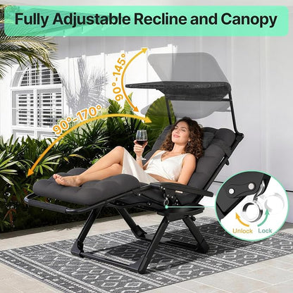 Suteck Zero Gravity Chair with Canopy, Reclining Camping Lounge Chairs | with Removable Cushion, Upgraded Lock and Cup Holder, Folding Patio Recliner for Indoor and Outdoor，90°-170° Adjust