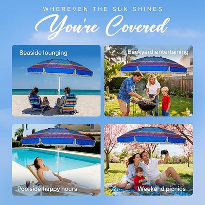 AMMSUN 8 Feet Large Beach Umbrella with Sand Anchor Heavy Duty High Wind Portable Outdoor Umbrellas UV 50+ Protection Air Vent Tilt Patio Garden Pool